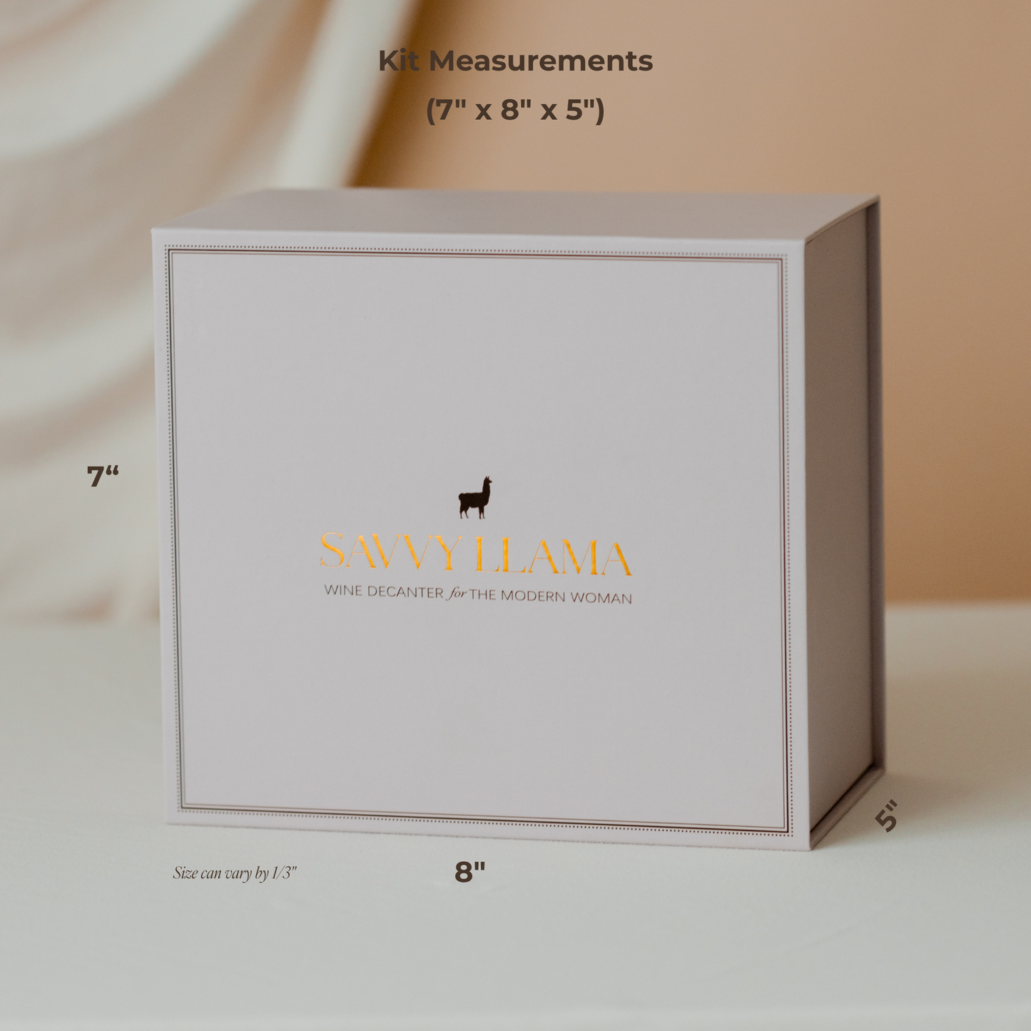 Savvy Llama wine decanter kit box with dimensions. 7 inches by 8 inches with a depth of 5 inches.