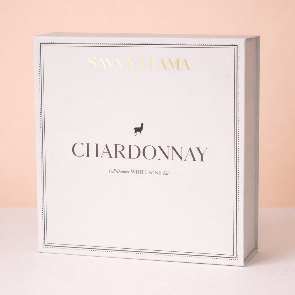 Kit No. 7 of the Savvy Llama Wine Confidence Program — the Chardonnay Guided Party Kit displayed in an editorial format, the full-bodied white wine tasting experience in the guided wine membership for women