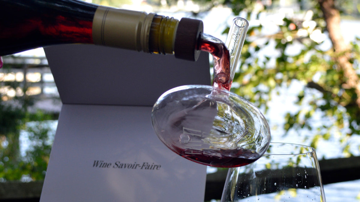 Savvy Llama on the bottle wine decanter being filled from a wine bottle, with a wine glass partially filled beside it, set on a wooden deck with a blurred outdoor background. An open pink savvy decanting kit gift box labeled 'Wine Savoir-Faire' and branded 'Savvy Llama is visible on the left.