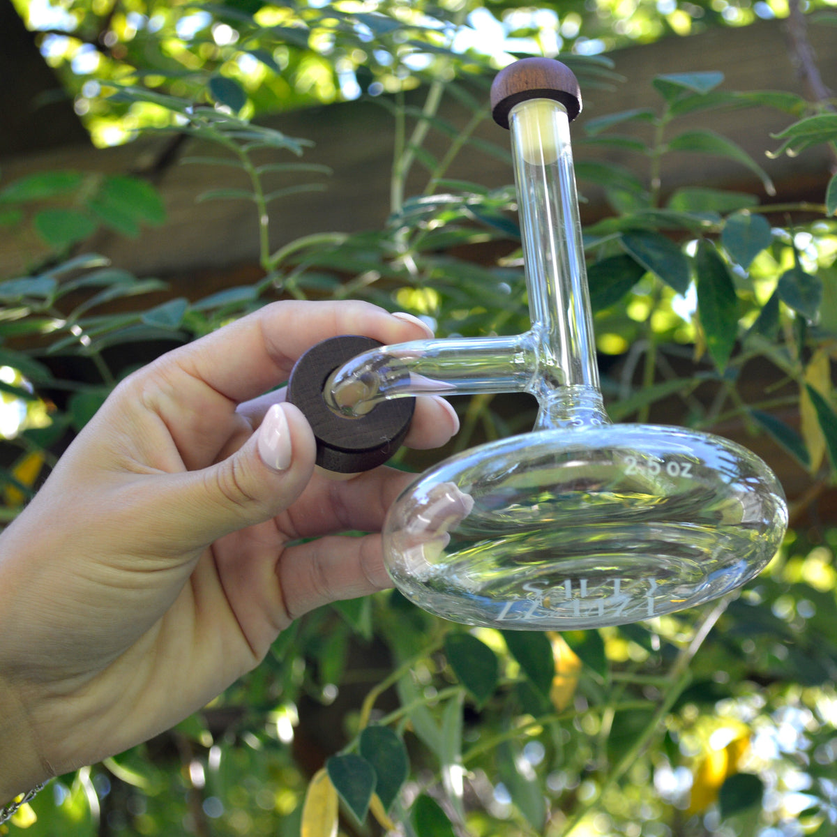 A hand holding the Savvy Llama Wine mini on-the-bottle decanter. A clear glass mini decanter with 2.5 oz and 5.0 oz pour marks for aerating wine directly on the bottle with a wooden mouthpiece for the bottle, set against a background of green garden foliage.
