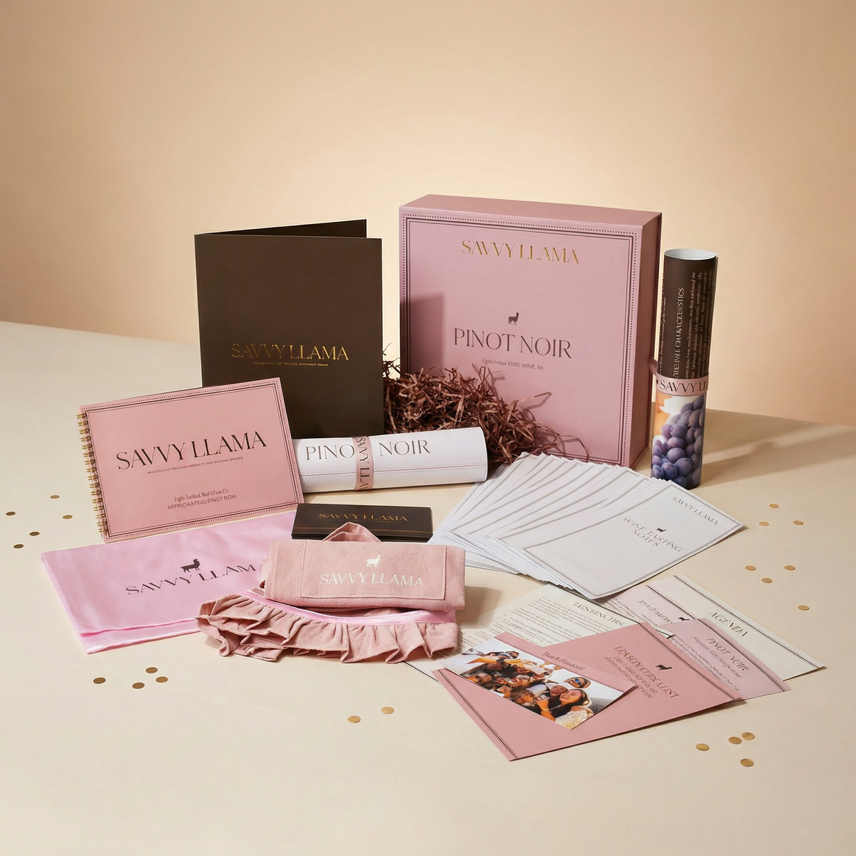 Savvy Llama Pinot Noir Girls Night Kit Unboxed with tablescape on display