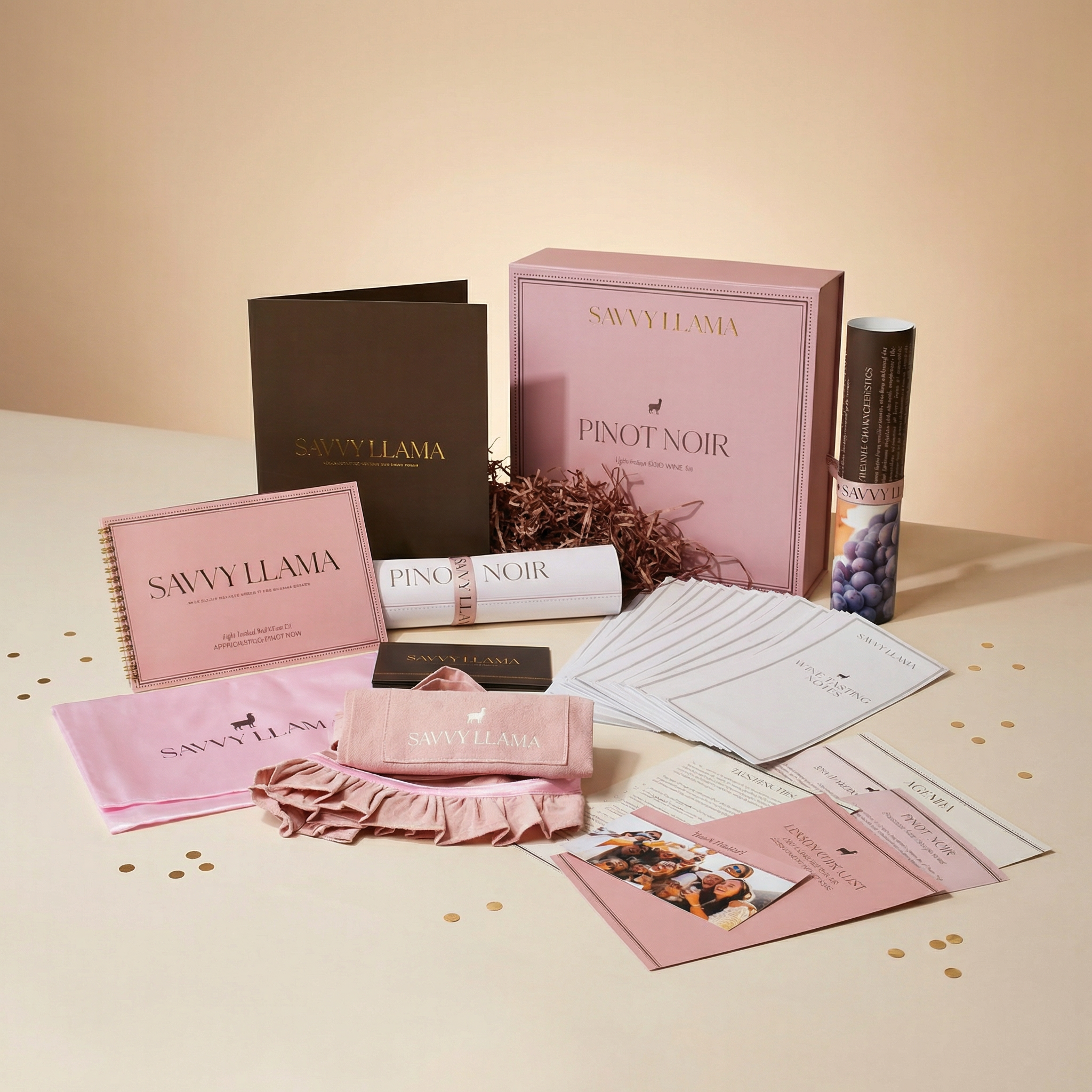 Savvy Llama Pinot Noir Girls Night Kit Unboxed with tablescape on display