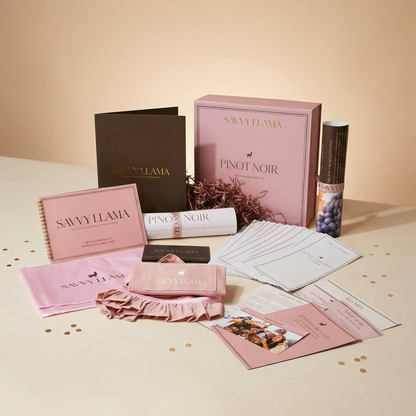 Savvy Llama Pinot Noir Girls Night Kit Unboxed with tablescape on display