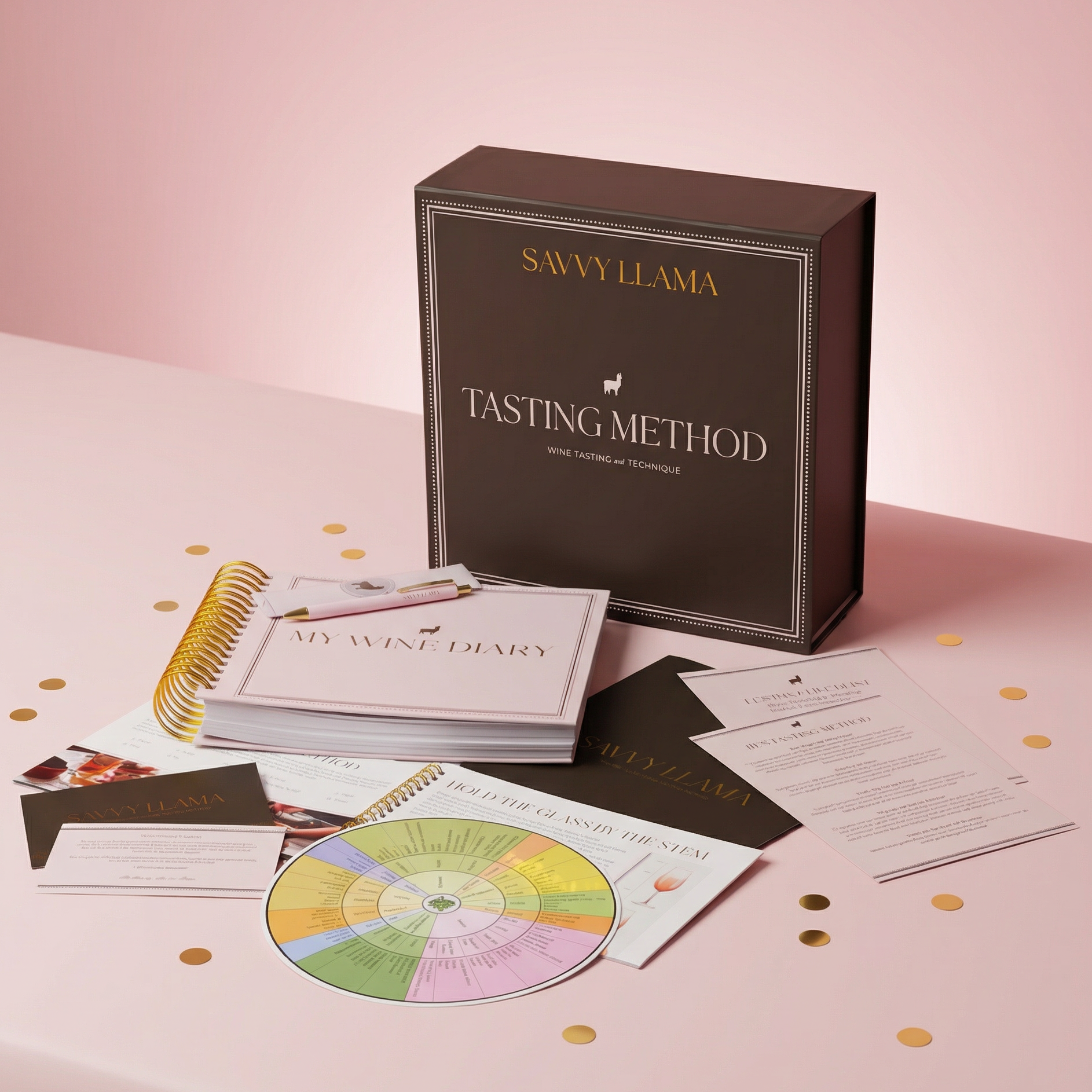 Savvy Llama Tasting Method kit built to grow your wine vocabulary and palate on a soft pink background, with the AC wine aroma wheel, 10-S tasting method ritual guide, step by step educational booklet, custom wine diary with pink pen and supporting wine education resources. 
