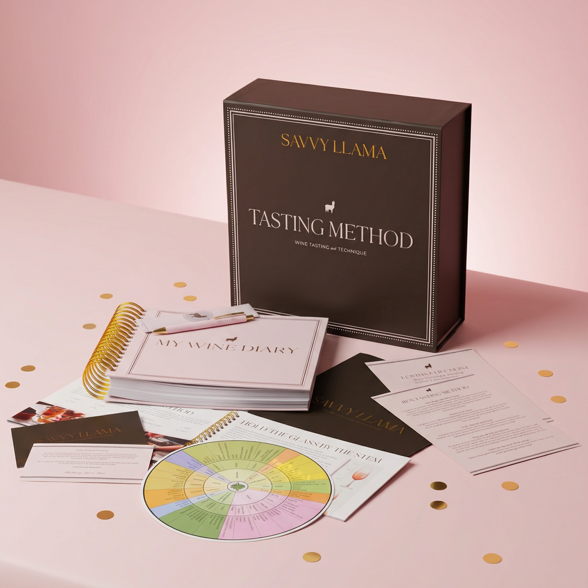 Savvy Llama Tasting Method kit built to grow your wine vocabulary and palate on a soft pink background, with the AC wine aroma wheel, 10-S tasting method ritual guide, step by step educational booklet, custom wine diary with pink pen and supporting wine education resources. 
