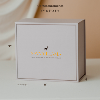 Savvy Llama wine decanter kit box with dimensions. 7 inches by 8 inches with a depth of 5 inches.