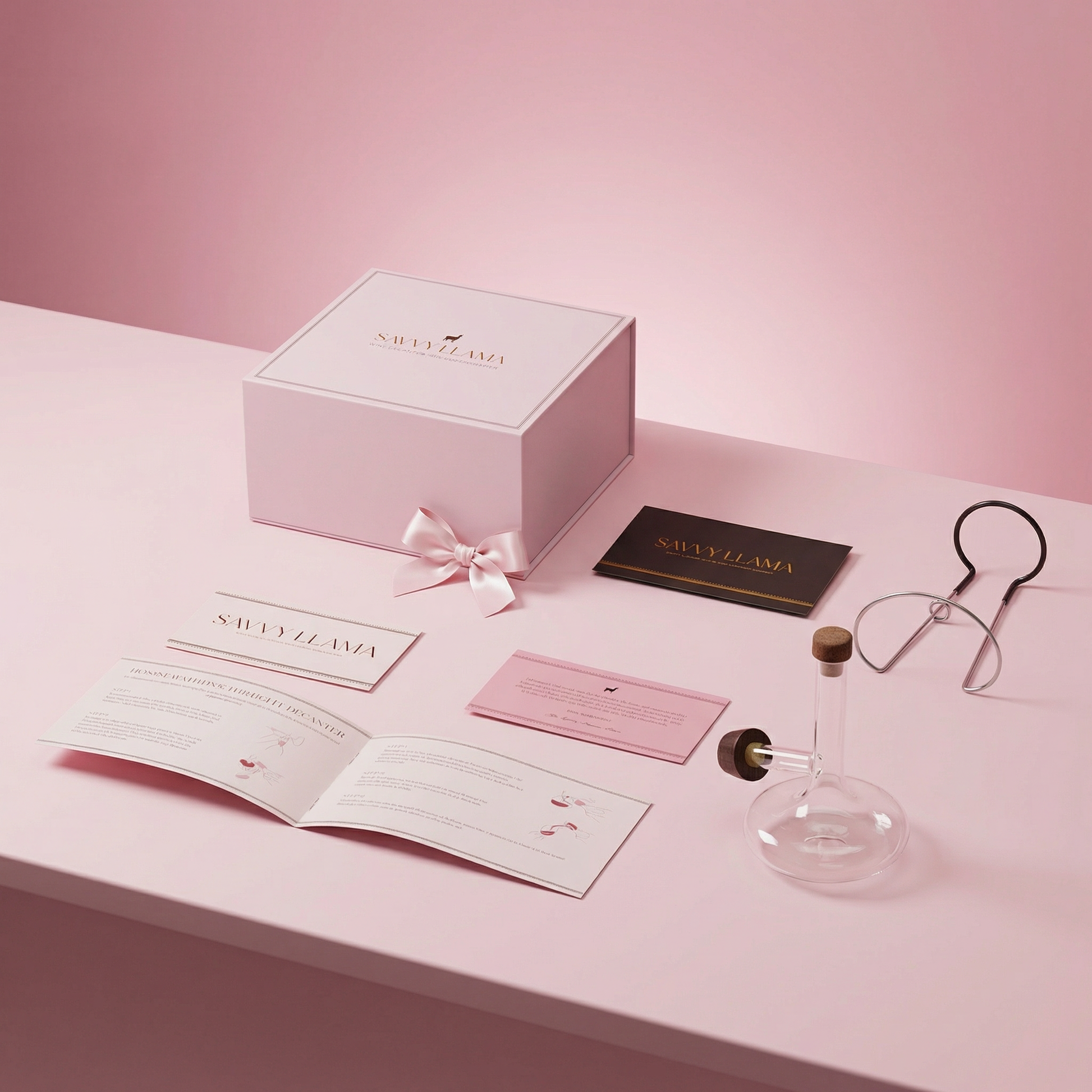 Soft pink gradient studio background for the Savvy Llama wine decanting kit product page, reflecting the brand's feminine and elevated wine lifestyle aesthetic