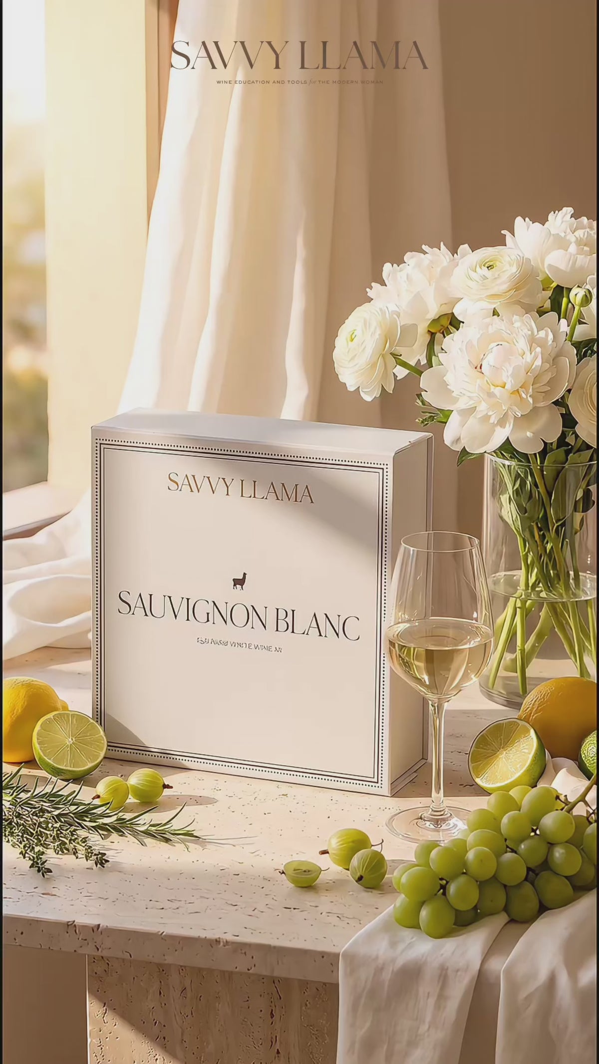 Load video: Savvy Llama's Sauvignon Blanc wine tasting party kit video showcases women hosting at a Sauvignon Blanc party at a vineyard.