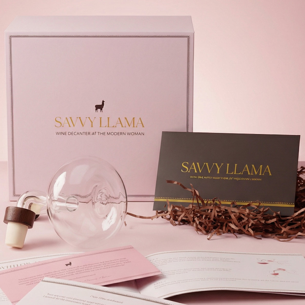 Soft pink gradient studio background for the Savvy Llama wine decanting kit product page, reflecting the brand's feminine and elevated wine lifestyle aesthetic.