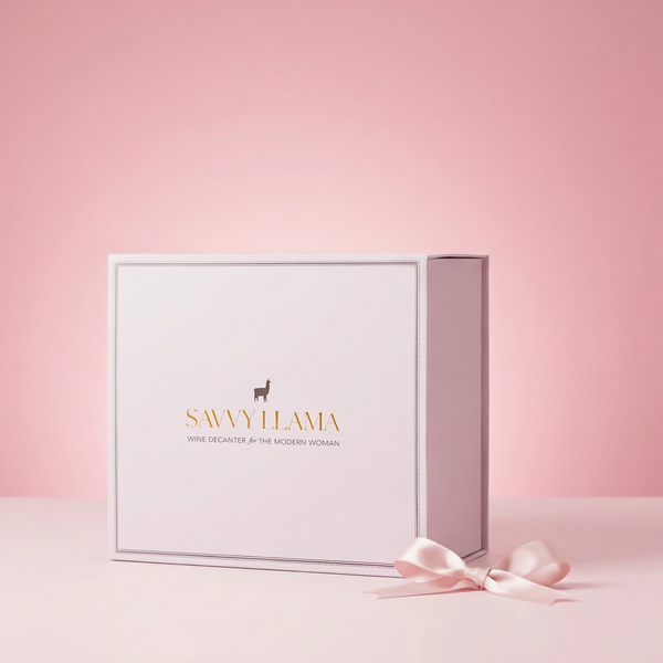 Savvy Llama wine decanting kit gift box closed with a bow, a beautifully packaged wine decanter gift set for women and an elevated wine gift for any occasion