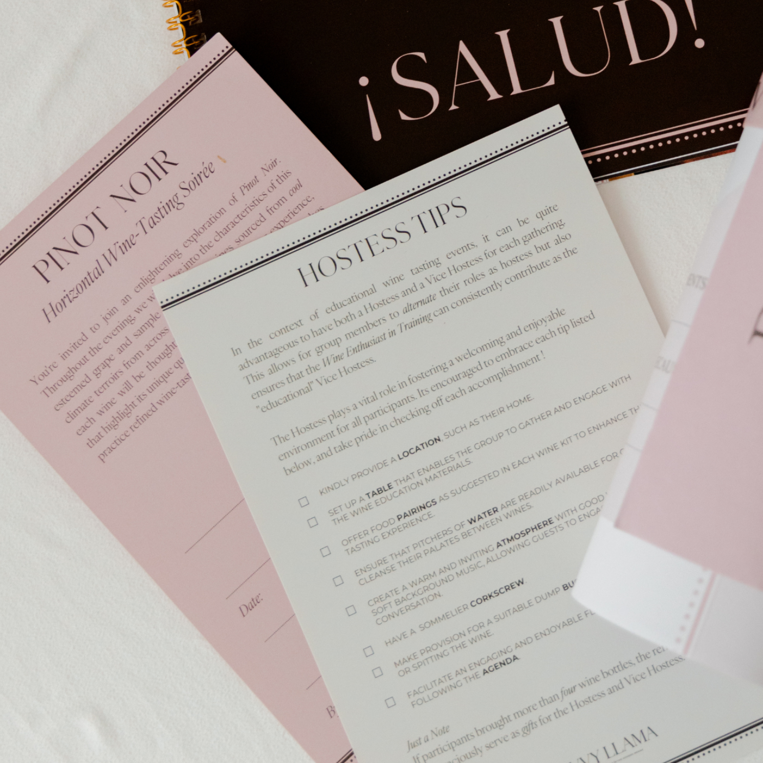 Savvy Llama Pinot Noir party set lifestyle detail as part of the Wine Confidence guided wine tasting program. 