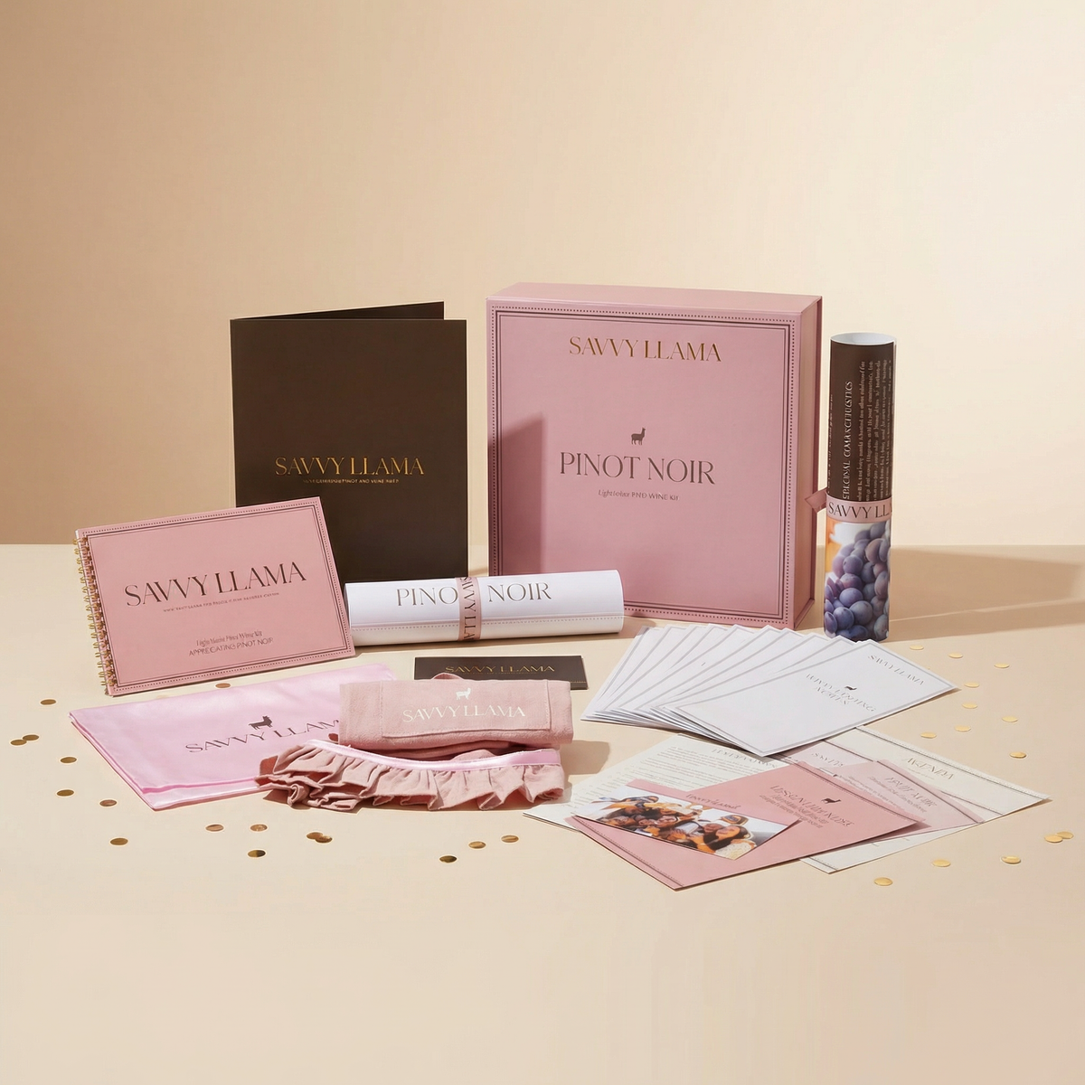 Savvy Llama Light-Bodied Red Wine Kit Pinot Noir tasting tablescape featuring tools and guided wine moment materials, the complete pinot noir wine tasting kit for women exploring light-bodied reds