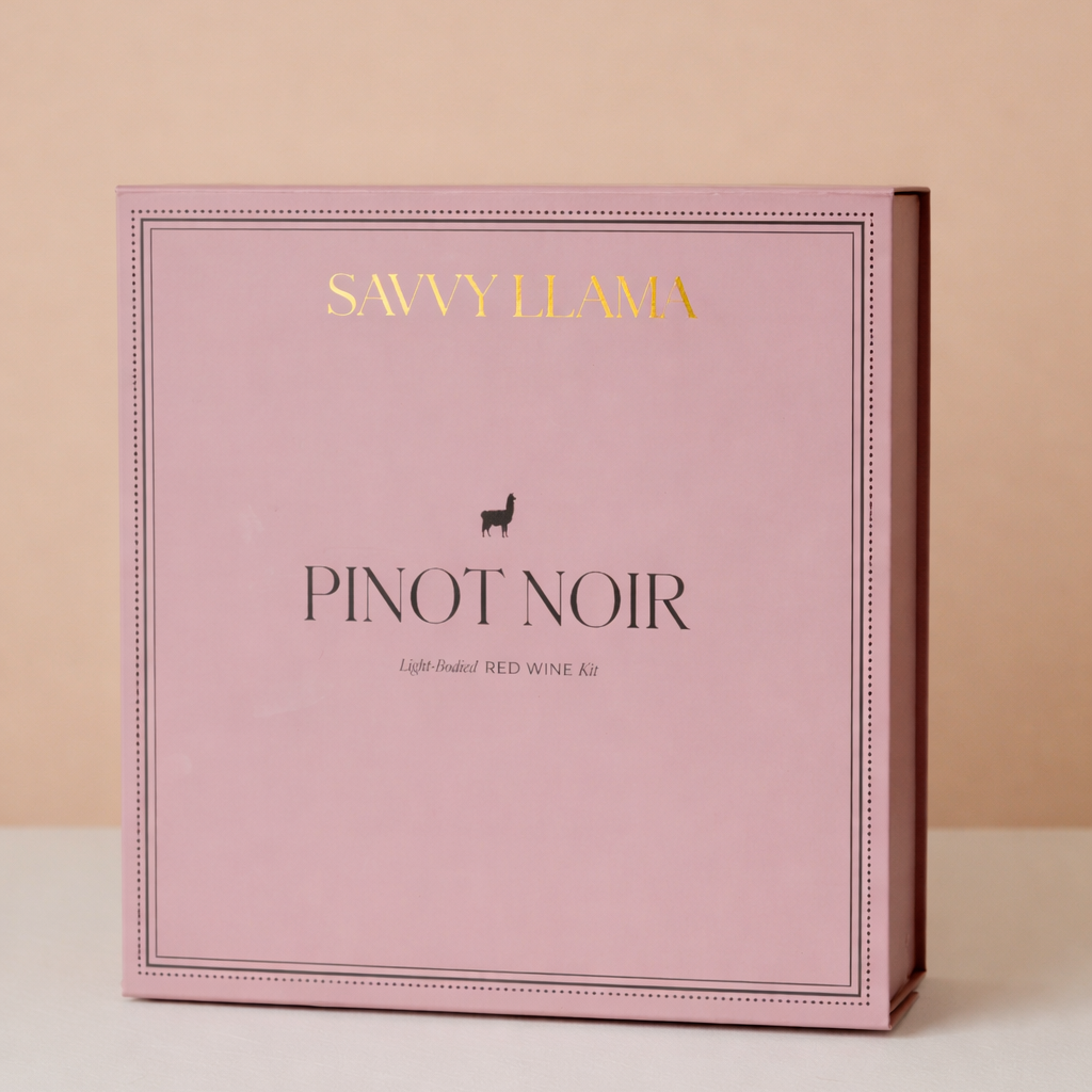 Savvy Llama Pinot Noir wine tasting kit displayed on a styled studio background, showing the guided light-bodied red wine tasting tools for women discovering pinot noir at home