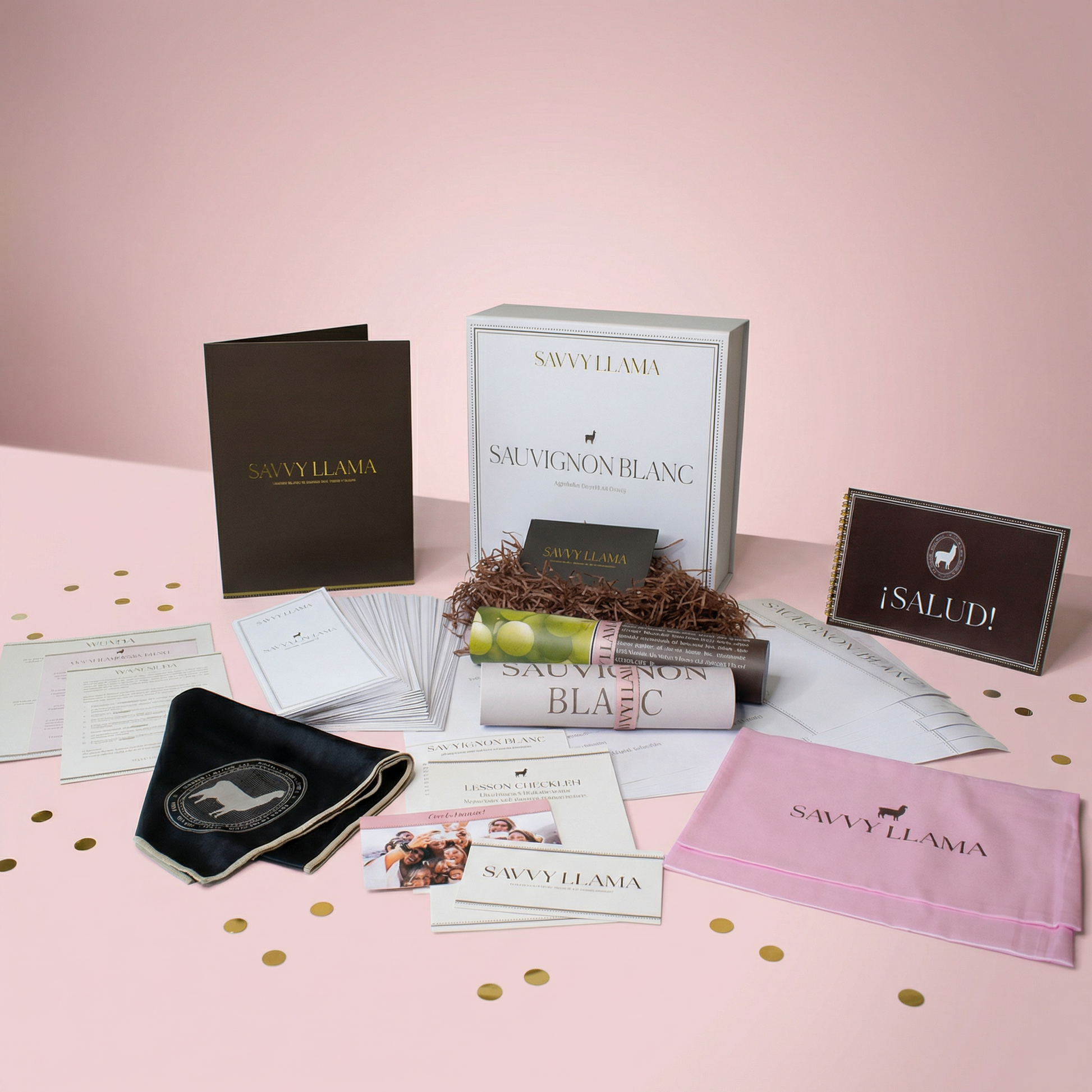 Savvy Llama Light-Bodied White Wine Kit featuring Sauvignon Blanc tasting tablescape and guided wine moment tools, the complete sauvignon blanc wine tasting kit for women exploring light-bodied whites.