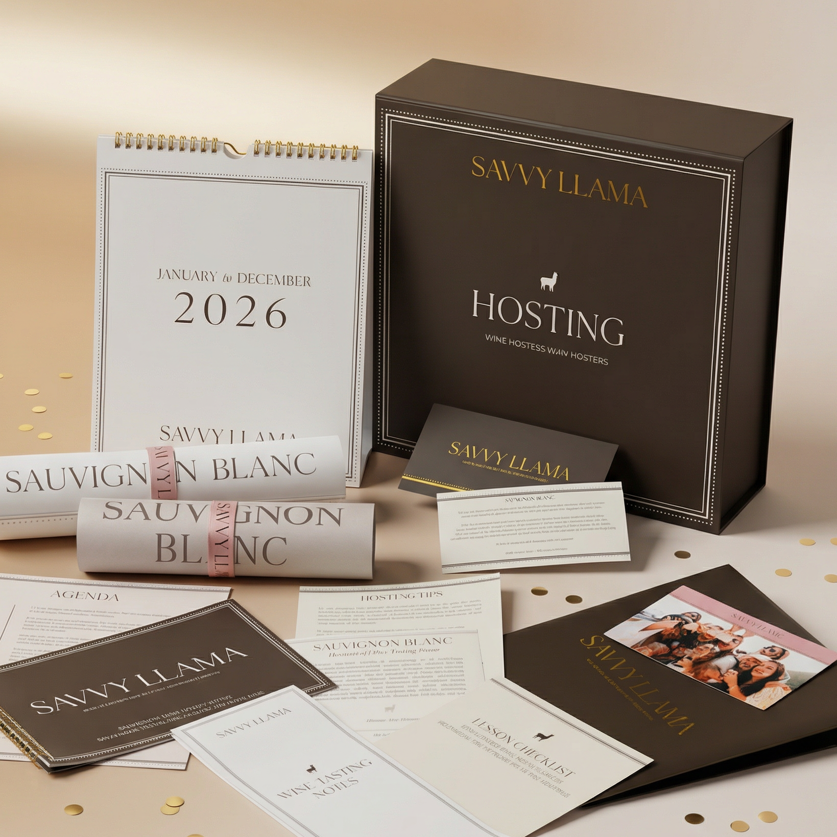 All nine tools from the Savvy Llama wine hosting kit for women laid out in an editorial display, including the Somm-In-A-Box, tasting placemats, table runner, and soirée invite